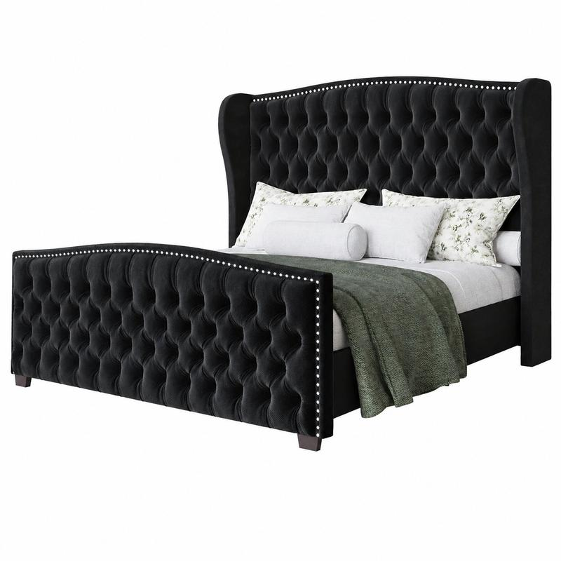 AMERLIFE | Velvet Wingback Bed Frame — Button-Tufted Upholstered Platform Bed