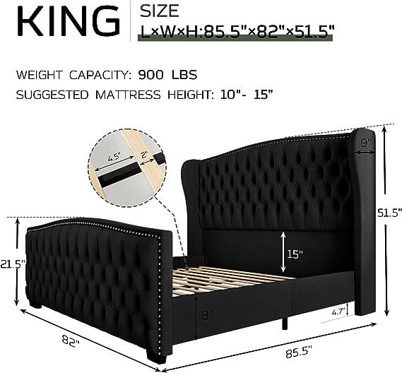AMERLIFE | Velvet Wingback Bed Frame — Button-Tufted Upholstered Platform Bed