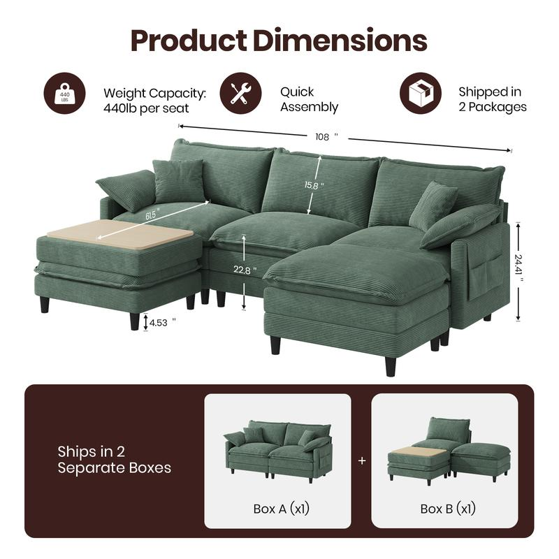 Copiae | Corduroy Modular Cloud Sofa (108"–143.7") with Ottoman-Coffee Table