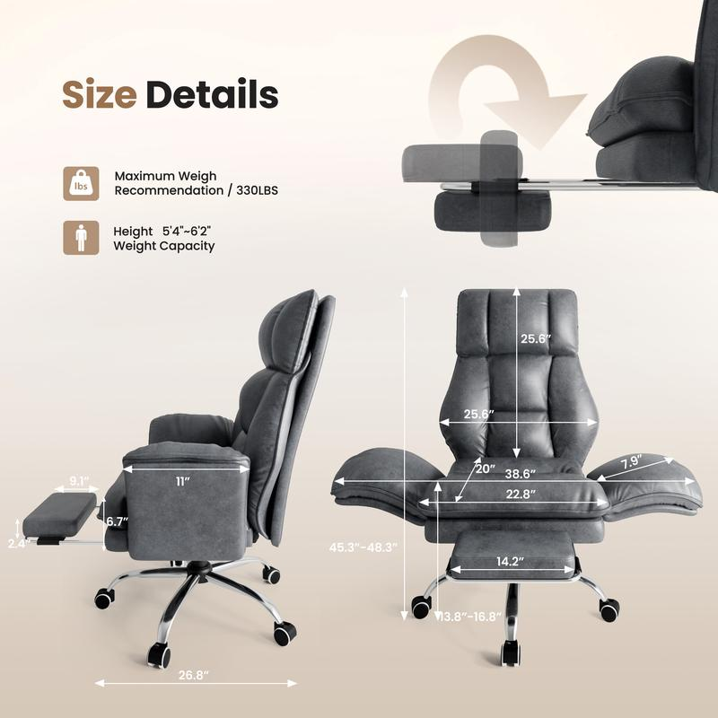HOMRELEXA | Big & Tall Executive Recliner Office Chair — Flip Arms, Footrest, 135° Recline