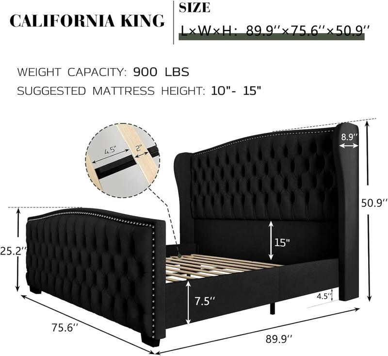 AMERLIFE | Velvet Wingback Bed Frame — Button-Tufted Upholstered Platform Bed