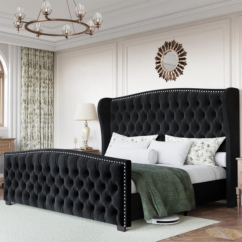 AMERLIFE | Velvet Wingback Bed Frame — Button-Tufted Upholstered Platform Bed