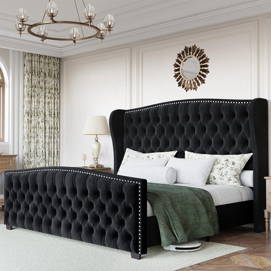 AMERLIFE | Velvet Wingback Bed Frame — Button-Tufted Upholstered Platform Bed