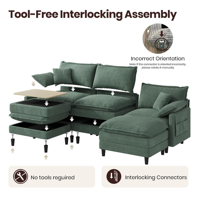 Copiae | Corduroy Modular Cloud Sofa (108"–143.7") with Ottoman-Coffee Table